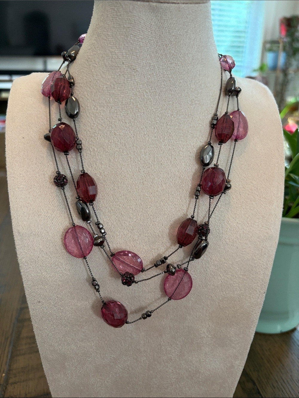 New York & Company Multi-Strand Pink and Hematite Bead Necklace